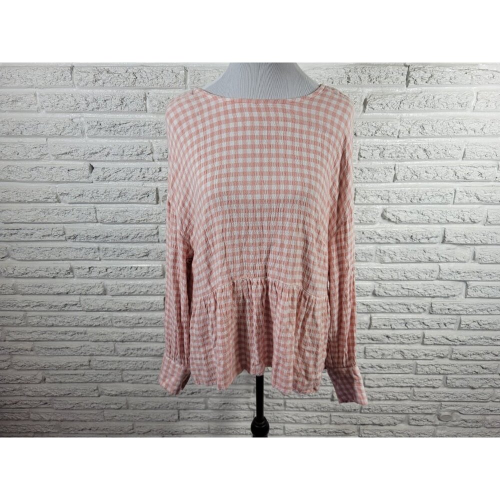 Time Tru Womens Top XXL 20 Plus Long Sleeve Peasant Pink Check PLA41E